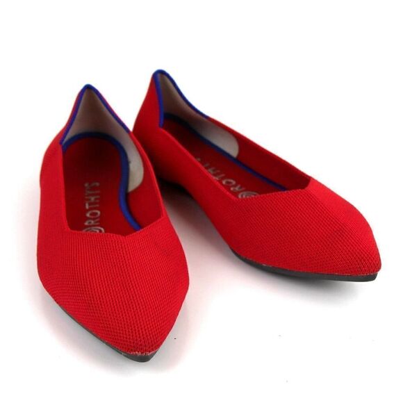 Rothy's RED TEXTILE BLUE TRIM POINTED TOE FLAT BALLET SLIP ON SHOES Sz 9W - Picture 6 of 11
